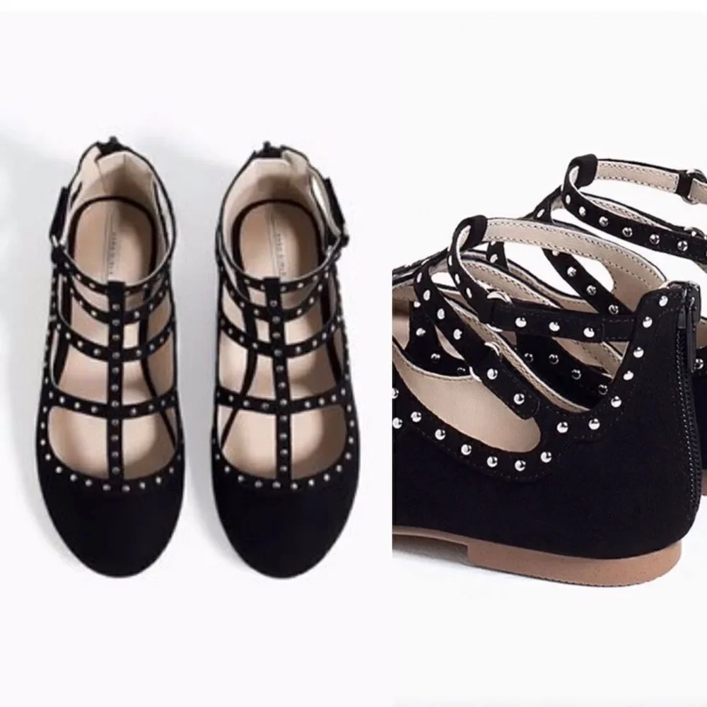 Zara Girls kids Black Cage Silver Stud faux suede Flats shoes -28/US 5